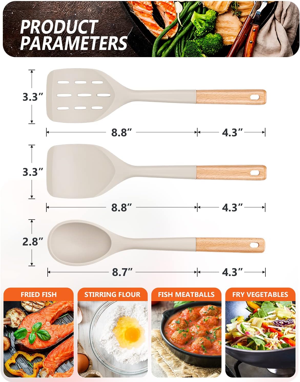 Badiano Pack of 3 Silicone Spatula, Non Stick Cooking Utensil Set, Wooden Handle Kitchen Turner for Baking Mixing Grilling Serving Food Heat Resistant, Black