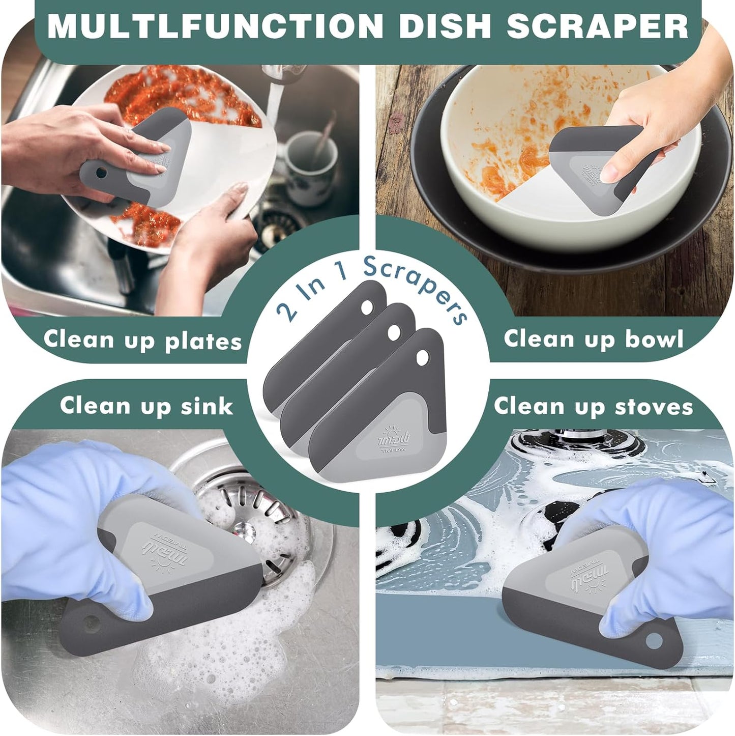 Food Scraper, 2-in-1 Pot and Pan Dish Scraper, Nylon and Silicone, Kitchen Scraper Tools for Cast Iron Skillets, Cookware, Dishes, Pans and Pots, Heat Resistant, Set of 3 - Blue