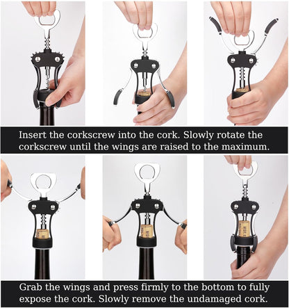 KORCCI Wine Opener, Heavy-Duty Zinc Alloy Wing Corkscrew, Premium Beer Bottle Opener, Multifunctional Wine Accessories with Ergonomic Handle and Sharp Screw, for Kitchen, Bar, Restaurant (SILVER)