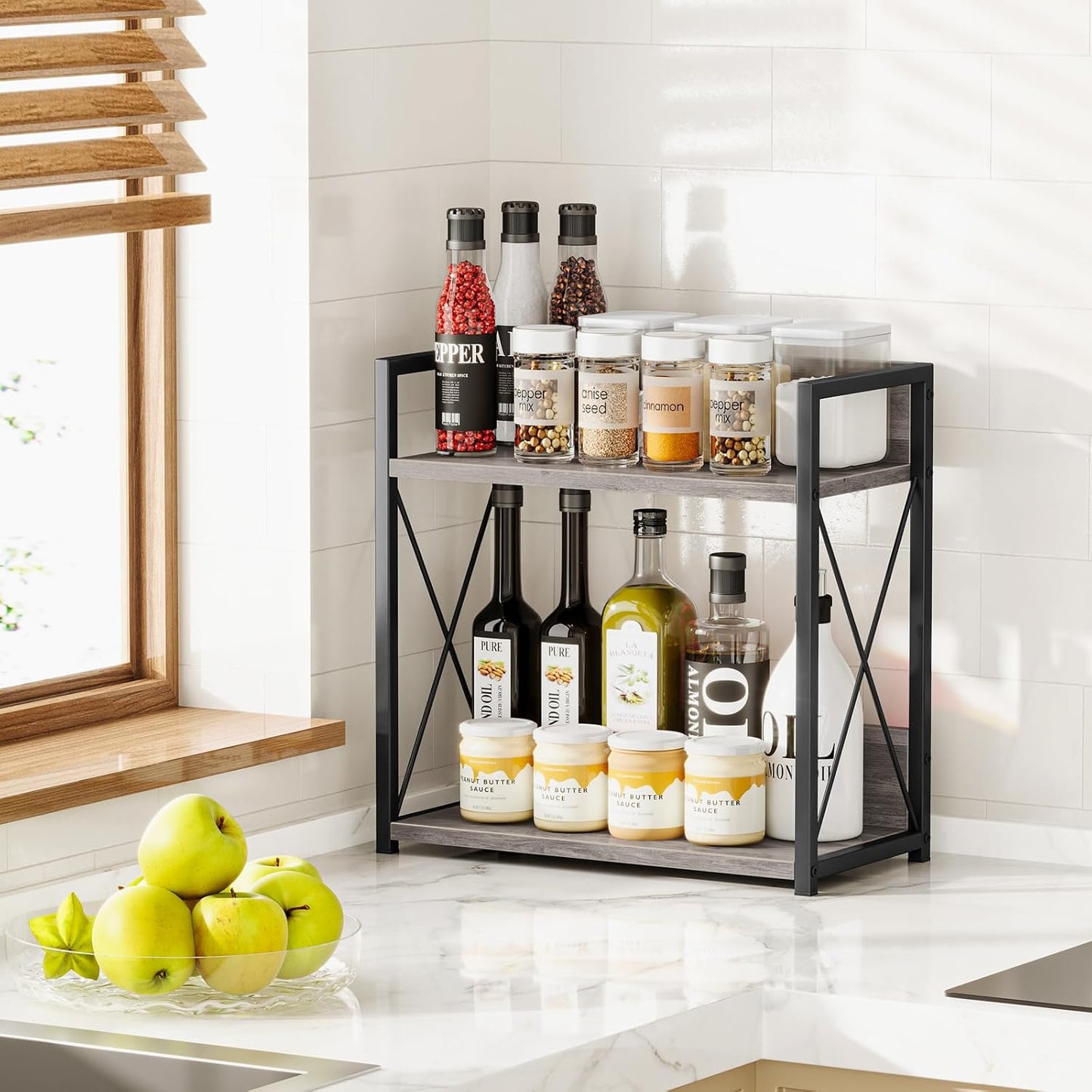 Giikin Countertop Shelf Organizer, 2 Tier Kitchen Spice Rack for Countertop, Wood Coffee Counter Shelf Organizer for Home (Brown, S)
