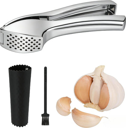 Stainless Steel Garlic Press and Mincer Set, Heavy Duty Garlic Crusher with Ergonomic Handle Rustproof Easy Squeeze Garlic Press Stainless Steel Professional Garlic Mincer Tool for Kitchen Use