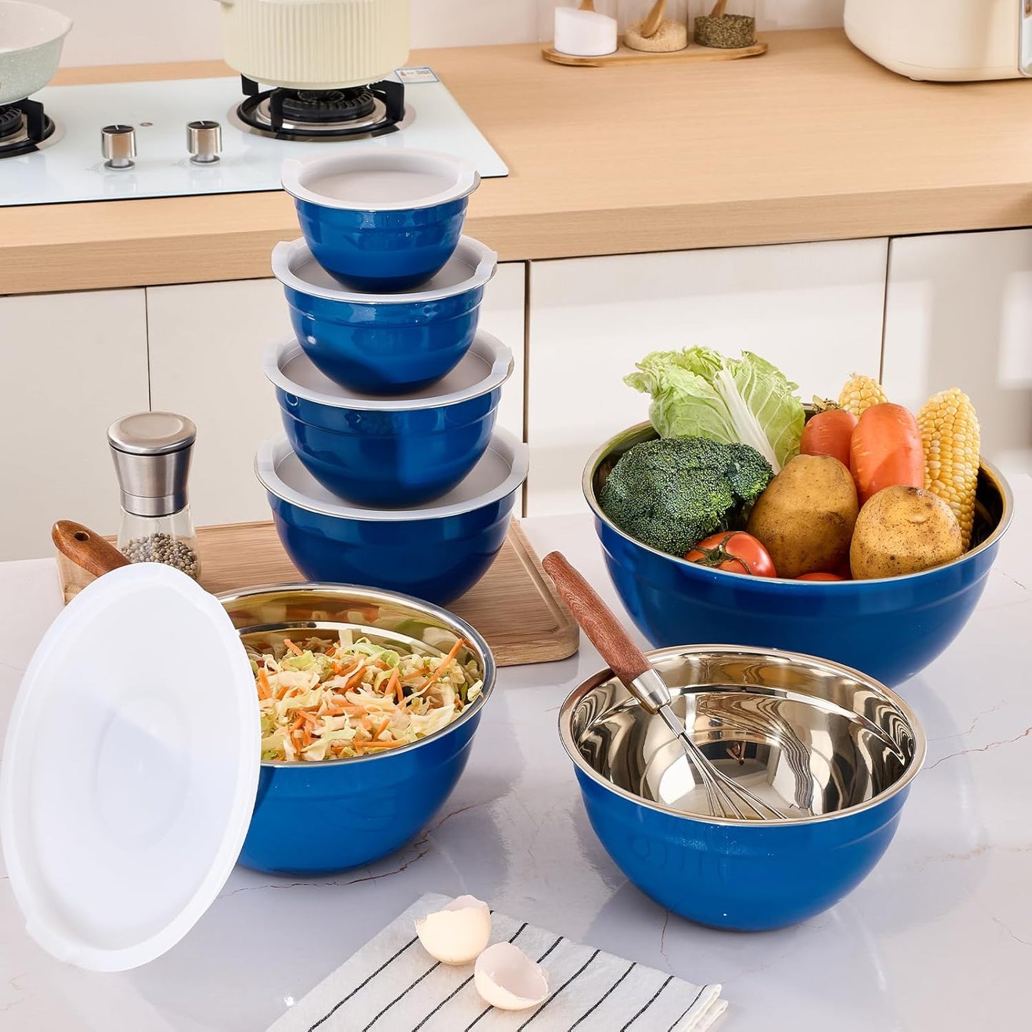 Colorful Mixing Bowls with Airtight Lids, Stainless Steel Nesting Mixing Bowls Set of 7, Ideal for Baking, Prepping and Serving Food, Size 7, 3.6, 2.7, 2.1, 1.5, 1.1,0.8 QT, Stackable Design