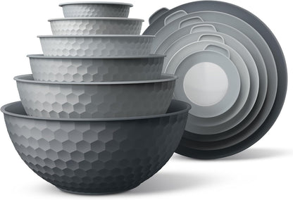 COOK WITH COLOR Mixing Bowls with Lids - 12 Piece Plastic Nesting Bowls Set includes 6 Prep Bowls and 6 Lids, Microwave Safe Mixing Bowl Set, Black Embossed - Colors A