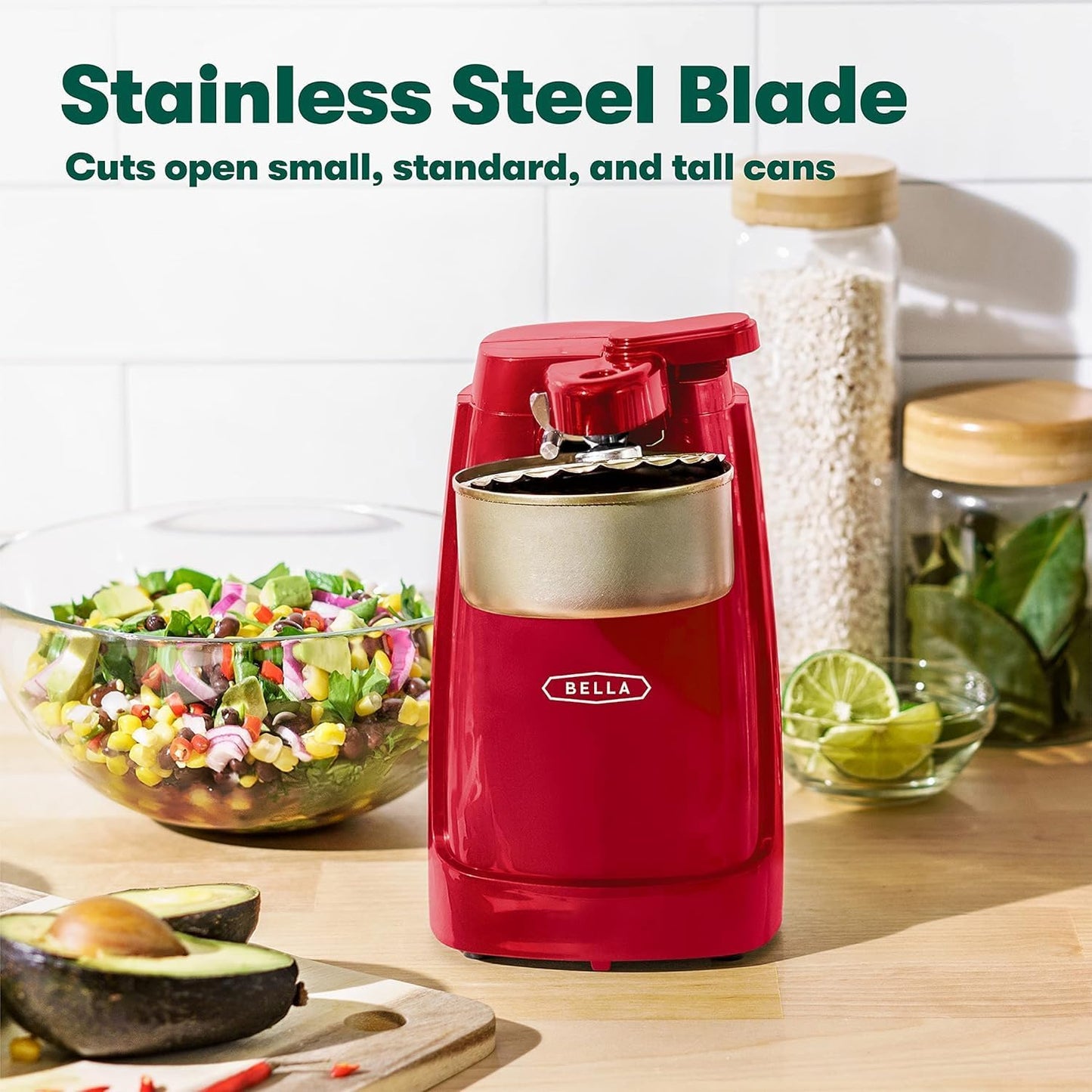 bella Electric Can Opener and Knife Sharpener, Removable Cutting Lever, Cord Storage, Stainless Steel Blade, Sage