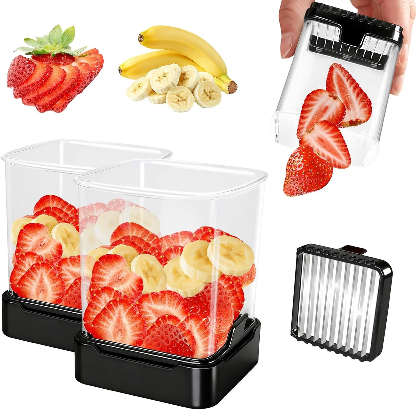 Fruit Slicer Cup for Strawberry, Banana, Hard-Boiled Egg - Detachable Cutter with Push Plate - 304 Stainless Steel Blade - Rapid & Safe Slicing Kitchen Gadget for Quick Meal Prep (Black)