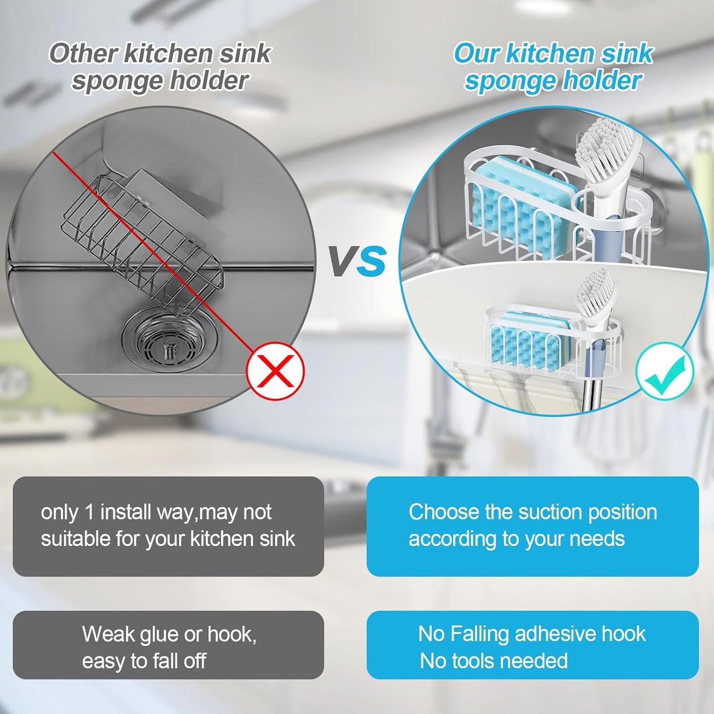 2-in-1 Sponge Holder for Kitchen Sink, Sink Caddy Kitchen Sink Organizer with 3 Suction Cups, No Drill Rustproof Sink Sponge Holder for Dish Brush, Soap & Sponge (Silver)