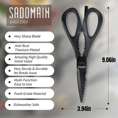 Kitchen Scissors All Purpose, Extra Sharp Kitchen Shears with Knife Sharpener & Sheath, Solid & Durable Stainless Steel Scissors with ANTI-RUST Black Titanium Plated, Dishwasher Safe - Green