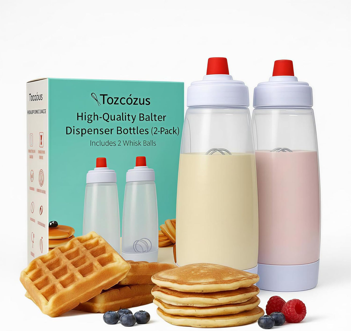 Pancake Batter Dispenser & Mixer/Shaker Bottles, 2-Pack (1000mL Each) – Whisk Ball, No-Drip Silicone Tip, Leakproof, Dishwasher-Safe, BPA-Free – For Pancakes, Waffles, Crepes, Muffins