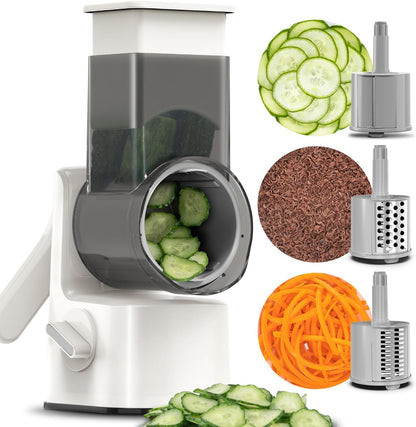 Safe Vegetable Mandoline Slicer Large Multifunctional Rotary Cheese Grater Hand Crank Easy Rotating Veggie Shredder Anti-Cutting, 3 Interchangeable Blades (WhiteGrey)