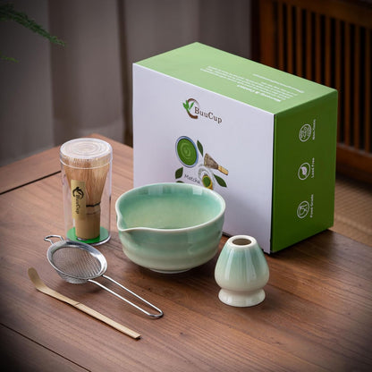 Buucup Matcha Set, Matcha Bowl with Spout, Matcha Whisk and Holder, Bamboo matcha Scoop and Stainless Sifter - 5 Pcs Jade Green Matcha Set Kit for Matcha Lover
