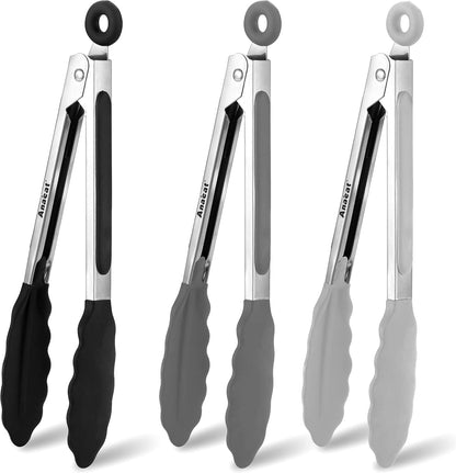 Anaeat Non-Stick Silicone Locking Tong Set of 3 - Stainless Steel 7", 9", 12" Kitchen Food Tongs with Non-Slip Silicone Tips and Grip for Cooking, Baking and BBQ - Heat Resistant up to 480°F (Black)