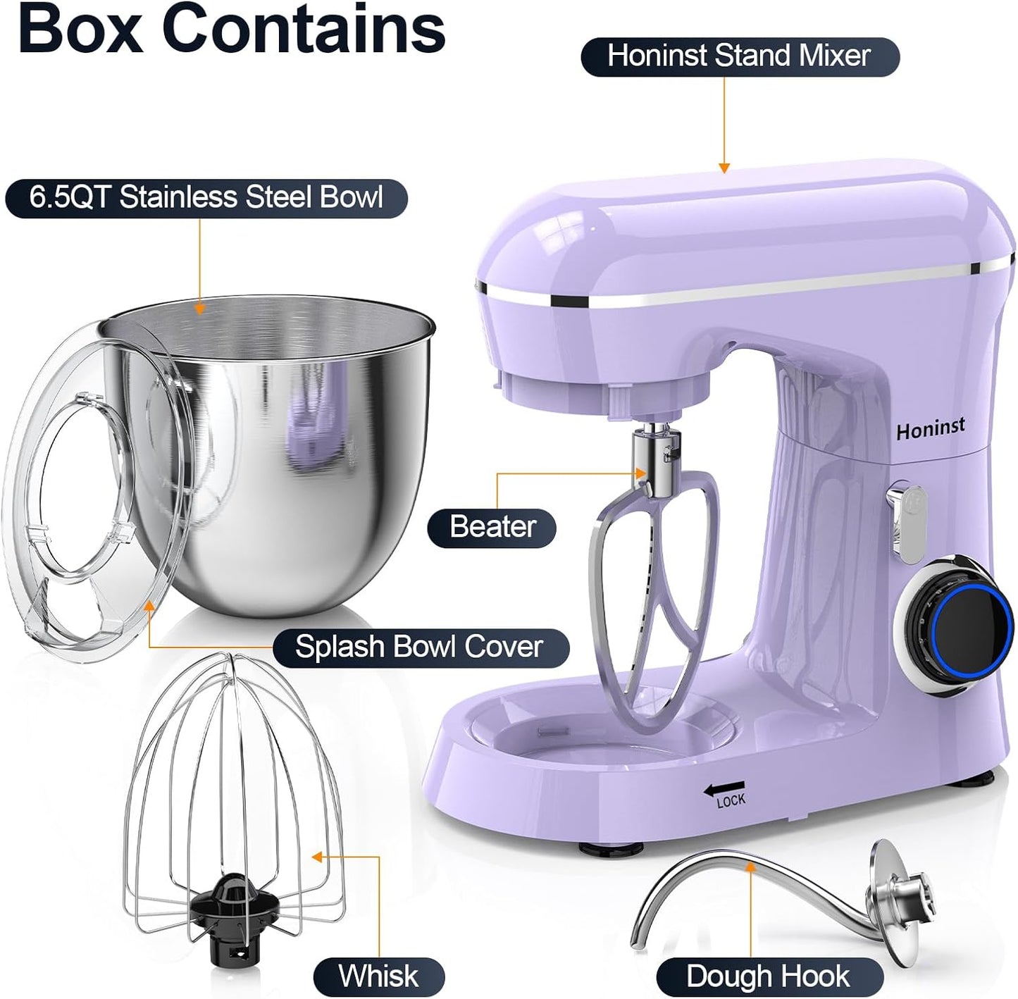 Honinst Stand Mixer, 6.5QT 10-Speed Tilt-Head Electric Stand Mixer, 3-In-1 Kitchen Mixer with Bowl, Dough Hook, Whisk and Beater, Food Mixer for Baking, Cake and Most Home Cooks, Black