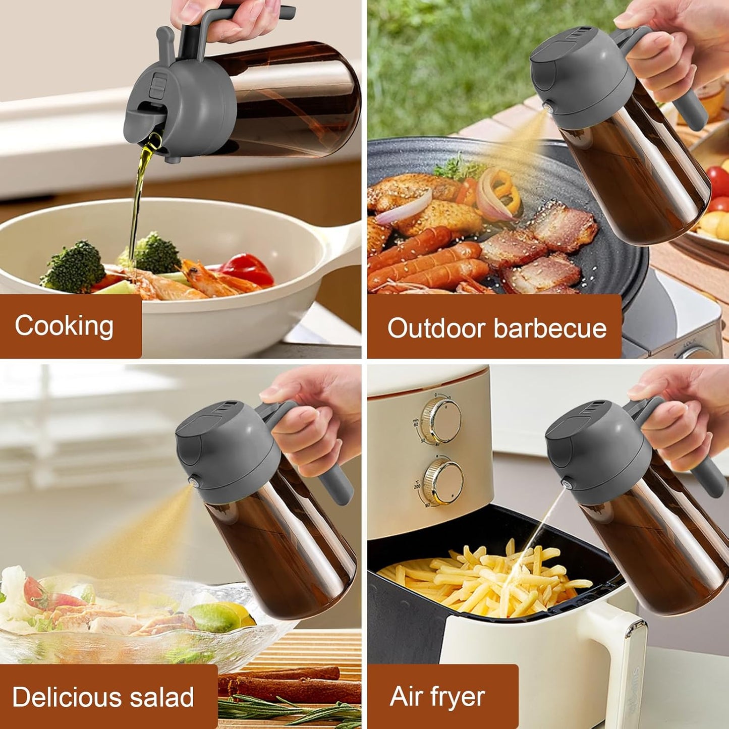 YARRAMATE 2Pcs 16oz/470ml Dark Brown Oil Sprayer for Cooking with Stickers, Food-grade Premium 2 in 1 Olive Oil Dispenser Bottle for Kitchen Gadgets, Air Fryer, Salad, Frying, BBQ (Black&OliveGreen)