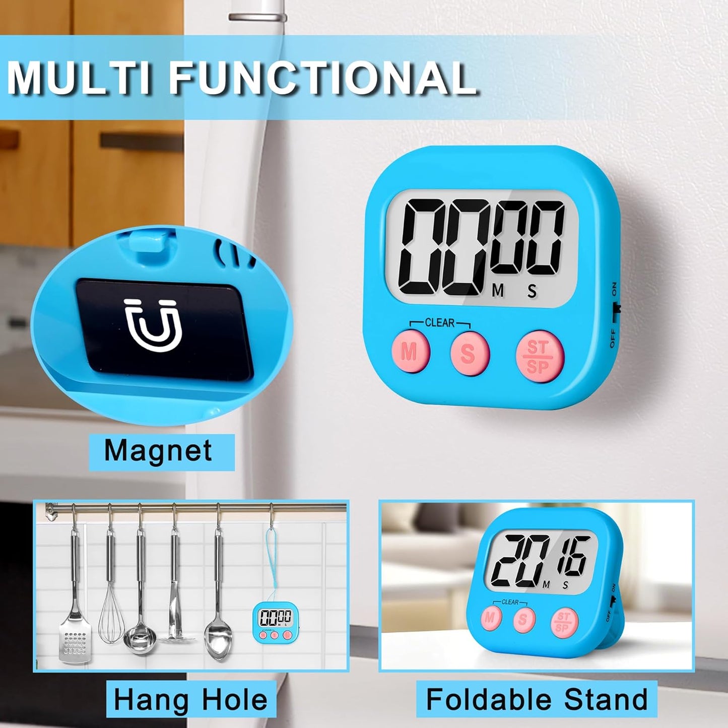 ZILLEEN Kitchen Timer Digital with Magnetic Back for Kids Classroom, White 6 Pack