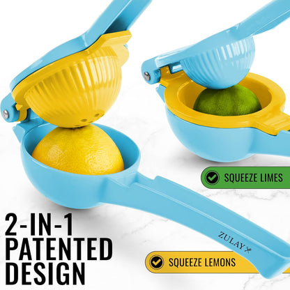 Zulay Kitchen Metal 2-in-1 Lemon Squeezer - Sturdy Max Extraction Hand Juicer Lemon Squeezer Gets Every Last Drop - Easy to Clean Manual Citrus Juicer - Easy-Use Lemon Juicer Squeezer - Yellow/Green