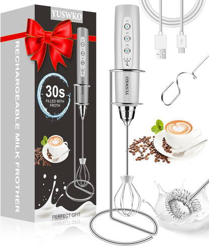 YUSWKO Black Handheld Milk Frother Wand for Coffee, Rechargeable Electric Whisk with 3 Heads 3 Speeds Drink Mixer Coffee Frother For Latte, Cappuccino, Hot Chocolate, Egg