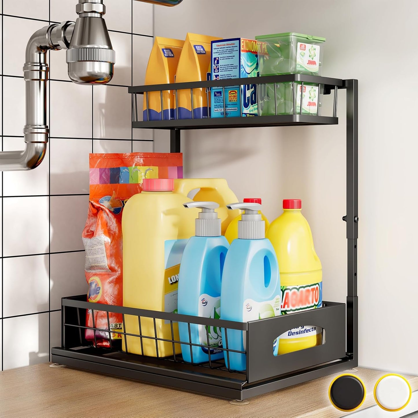 Under Sink Organizer, 2 Pack Cabinet Organizer for Kitchen, Height Adjustable Pull Out Heavy Duty 2 Tier Metal Under Sink Storage for Bathroom Pantry (Black, 2 Pack)