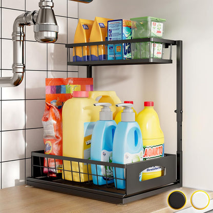 Under Sink Organizer, 2 Pack Cabinet Organizer for Kitchen, Height Adjustable Pull Out Heavy Duty 2 Tier Metal Under Sink Storage for Bathroom Pantry (Black, 2 Pack)