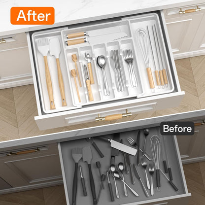 RoomHacks Large Silverware Organizer,Expandable Utensil Drawer Organizer,BPA Free Utensil Holder,Adjustable Silverware Tray Cutlery Drawer Organizer for Kitchen Flatware,Large,Black (6-8 Slots)