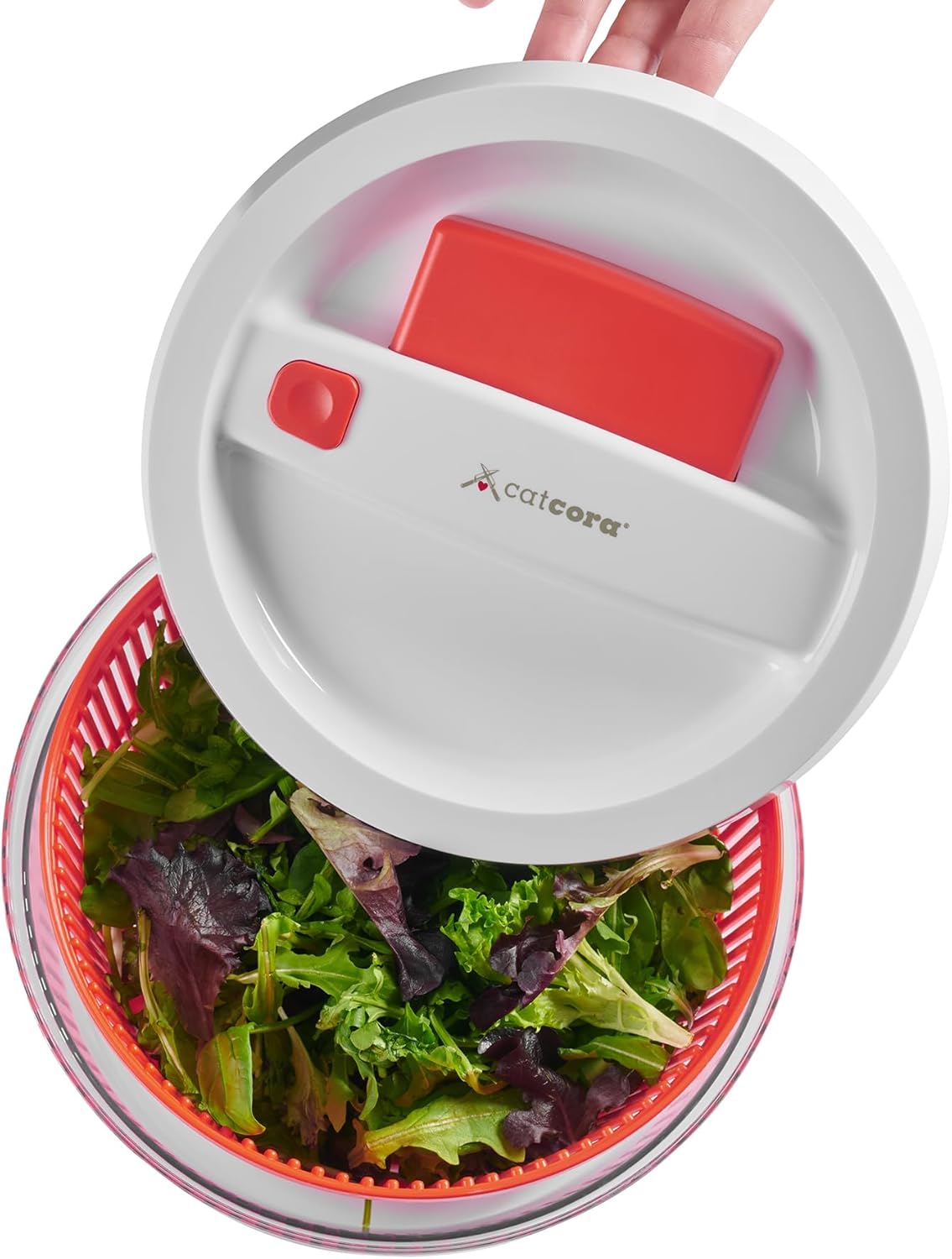 CatCora Quickspin One-Handed Salad Spinner, Accelerated Pump-Action With Built-In Break For Perfectly Dried Salad Greens, Ergonomic Single-Hand Design