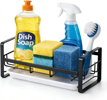 HULISEN Kitchen Sink Sponge Holder, 304 Stainless Steel Kitchen Soap Dispenser Caddy Organizer, Countertop Soap Dish Rack Drainer with Removable Drain Tray, not Including Dispenser and Brush