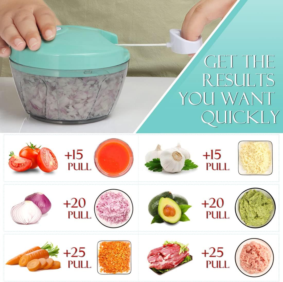 Ourokhome Manual Food Processor Vegetable Chopper, Portable Hand Pull String Garlic Mincer Onion Cutter for Veggies, Ginger, Fruits, Nuts, Herbs, etc., 500ml, Deep Blue