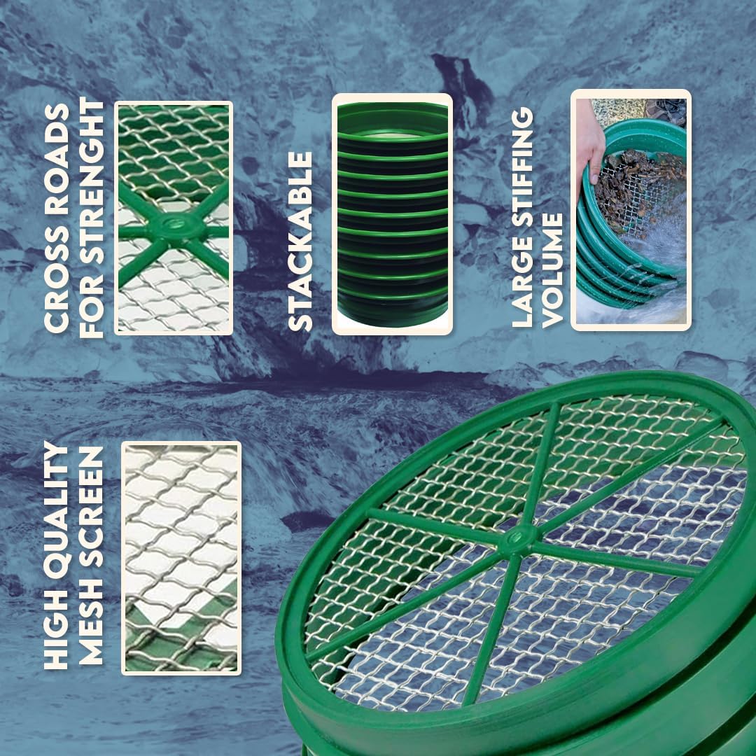 SE 13.25 Inch Wide Stackable Classifier Gold Prospecting Pan - 1/8 Inch Stainless Steel Mesh Sifting Pan, Green