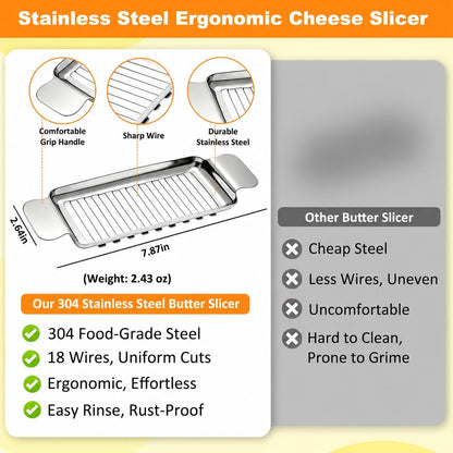 Upgraded Cheese Slicer, 304 Stainless Steel Butter Cutter with Rectangular Base for Block Cheese, Butter and Soft Foods, Dishwasher Safe