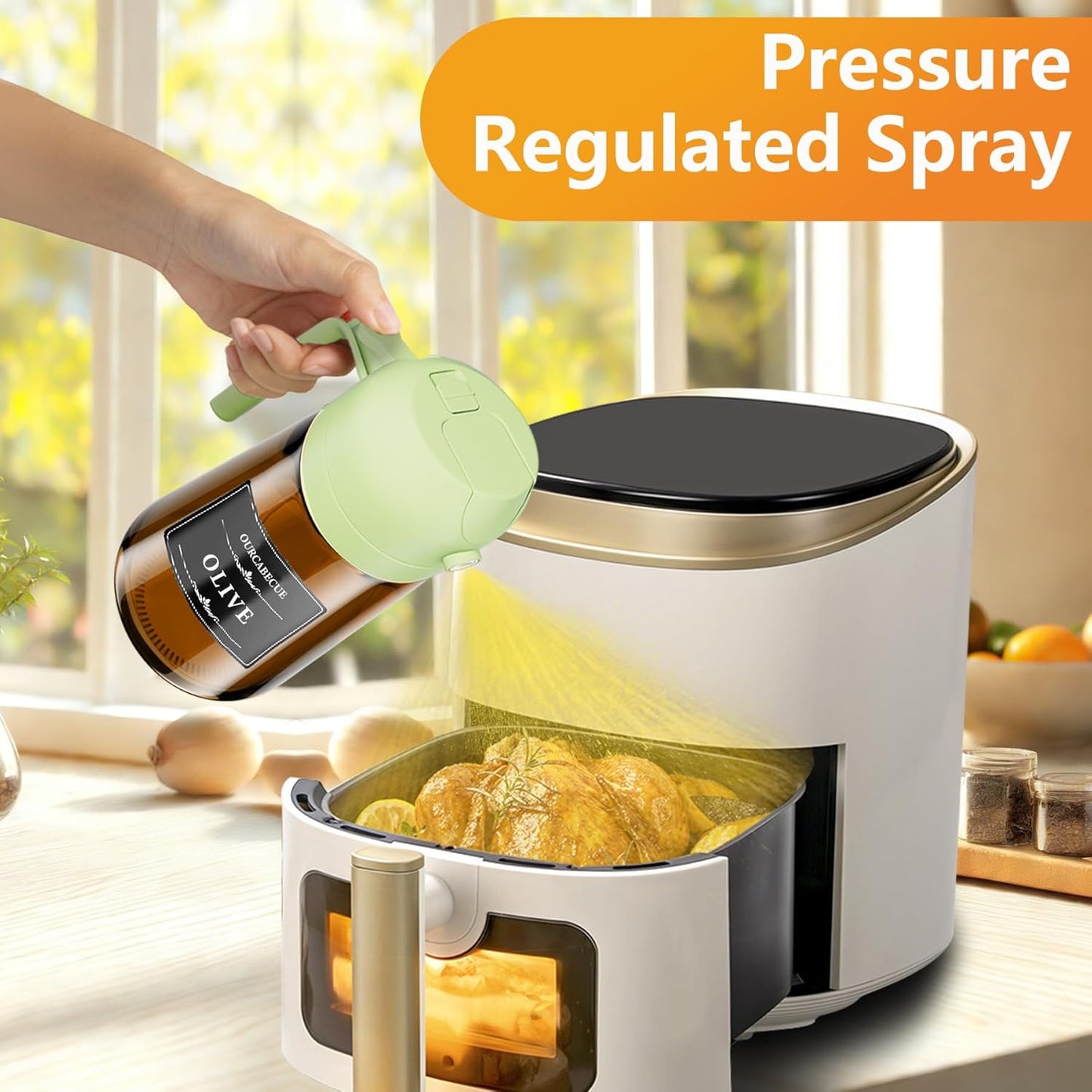 OURCABECUE 2 in 1 Olive Oil Sprayer for Cooking, 16oz/470ml Light-Blocking Dark Olive Oil Dispenser Bottle for Kitchen, Food-Grade Glass Oil Mister with 8 Oil Stickers