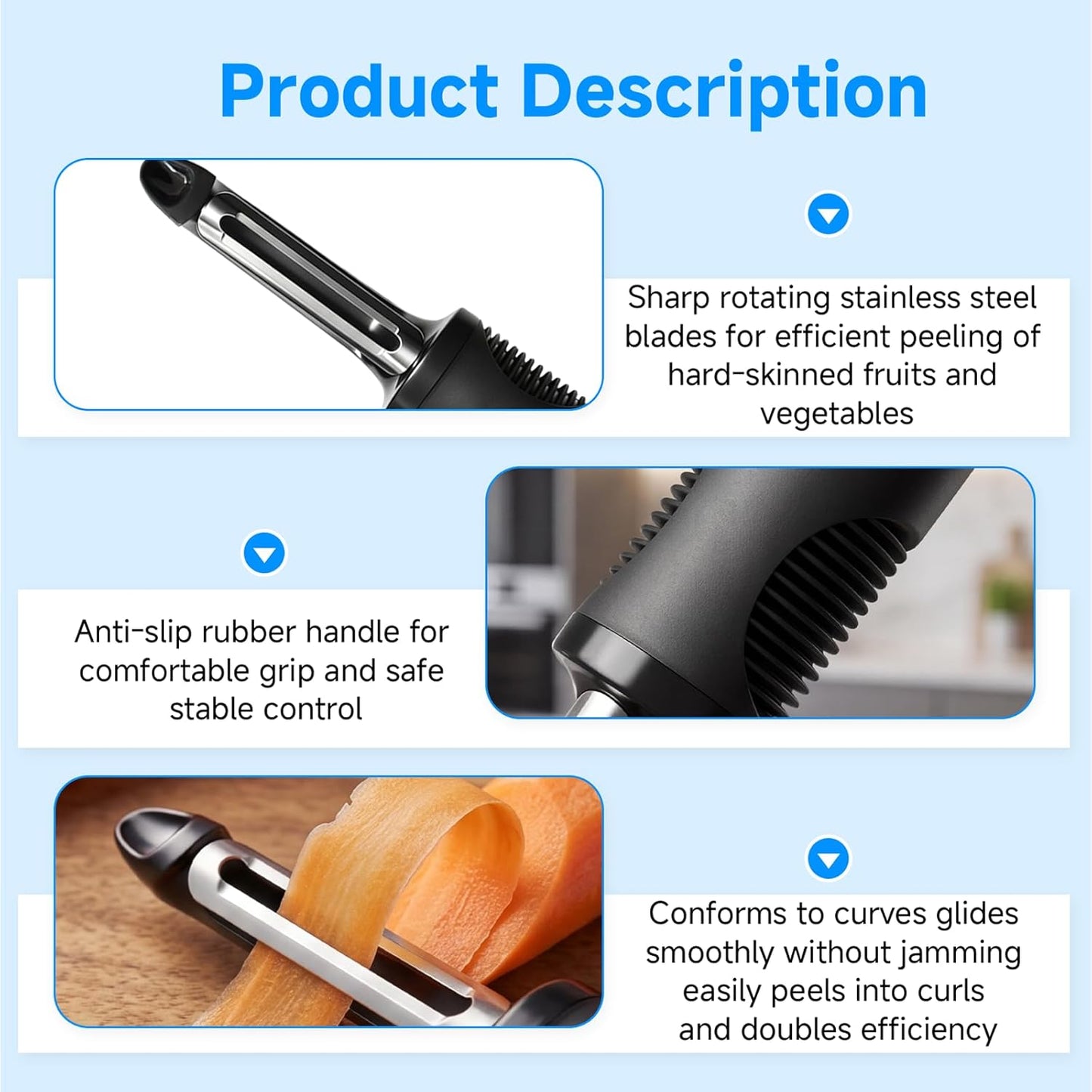 Swivel Vegetable Peeler 2 Pcs Set, Sharp Stainless Steel Potato Peelers for Kitchen, Ergonomic Non-Slip Grip Fruit Peeler for Carrot & Veggie, Built-in Blemish Remover