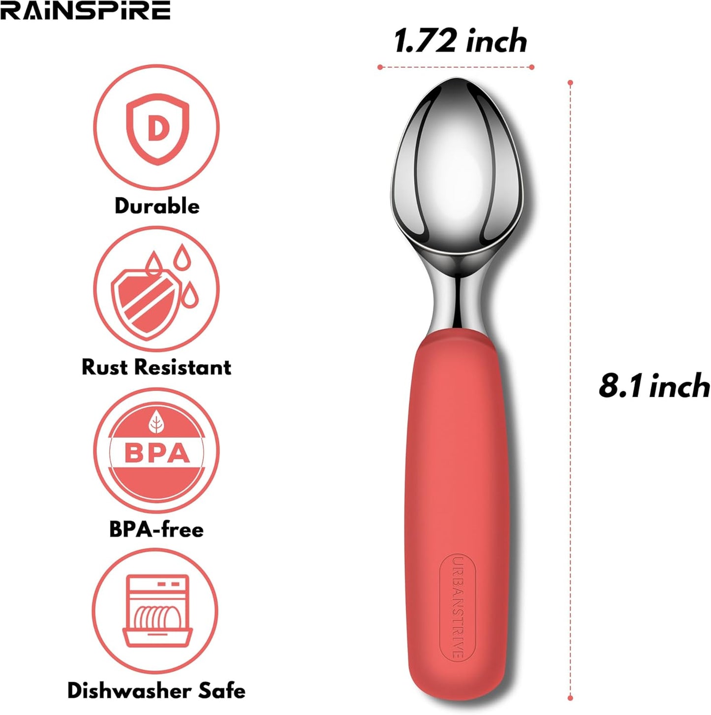 Urbanstrive Ice Cream Scoop Stainless Steel, Ice Cream Scooper Professional Large Ice Cream Scoops With Non-Slip Rubber Handle, Ice Cream Spade for Cookie Dough, Gelato, Sorbet, Melon (Black)