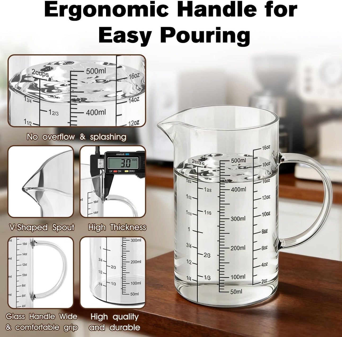 18OZ 500ML Glass Measuring Cup with Insulated Handle, 2 Cups Borosilicate Glass Measuring Cups – Easy Read Liquid Measuring Cups with V-Shaped Spout, 3 Scales (OZ,ML,Cup), for Baking Coffee Milk
