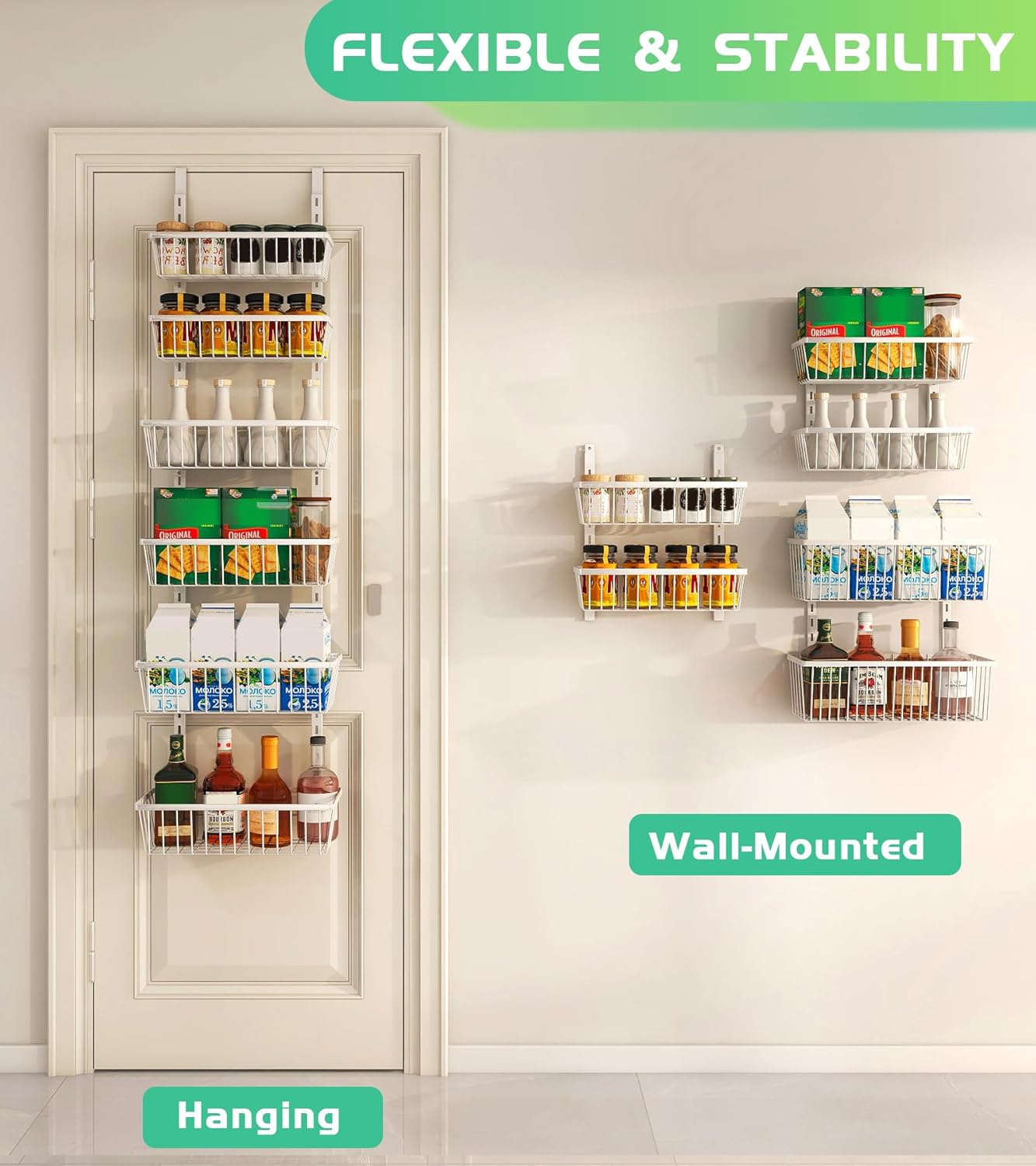 Mefirt White 9-Tier Over The Door Pantry Organizer, Pantry Organization and Storage, Deep Baskets Hanging Heavy-Duty Metal, Wall Spice Rack Seasoning Shelves for Home & Kitchen, Laundry Room Bathroom