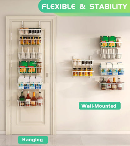 Mefirt White 9-Tier Over The Door Pantry Organizer, Pantry Organization and Storage, Deep Baskets Hanging Heavy-Duty Metal, Wall Spice Rack Seasoning Shelves for Home & Kitchen, Laundry Room Bathroom