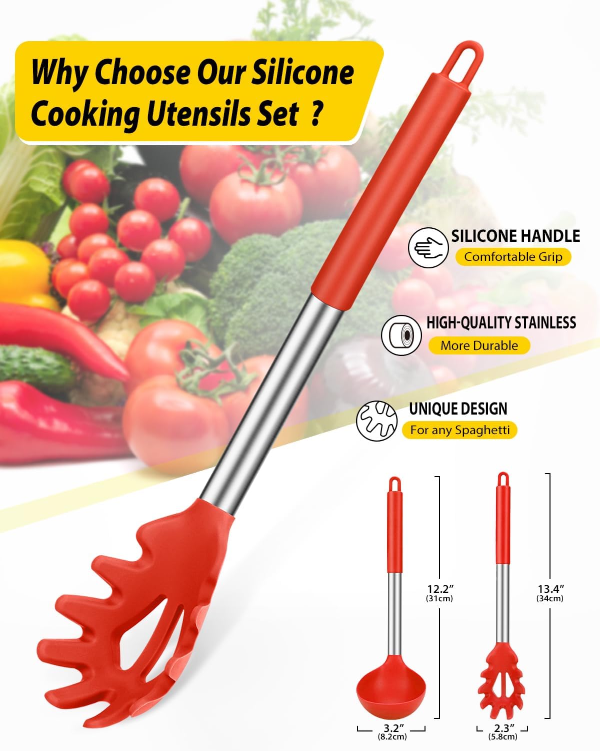 Silicone Pasta Fork and Ladle Spoon Set, Large Non Stick Kitchen Utensils for Cooking,Stirring,Serving Spaghetti, Soup, Sauce (GRAY)