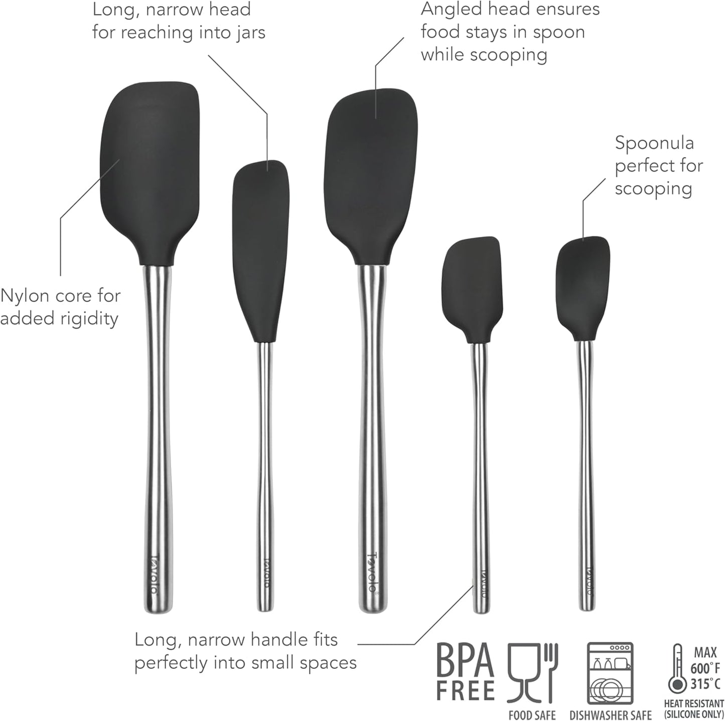 Tovolo Stainless Steel Handled Silicone Spatula Set of 5 White, Dishwasher Safe Kitchen Spatula Set for Cooking Baking, Non Toxic BPA Free Silicone Spatula set with Metal Steel Handle