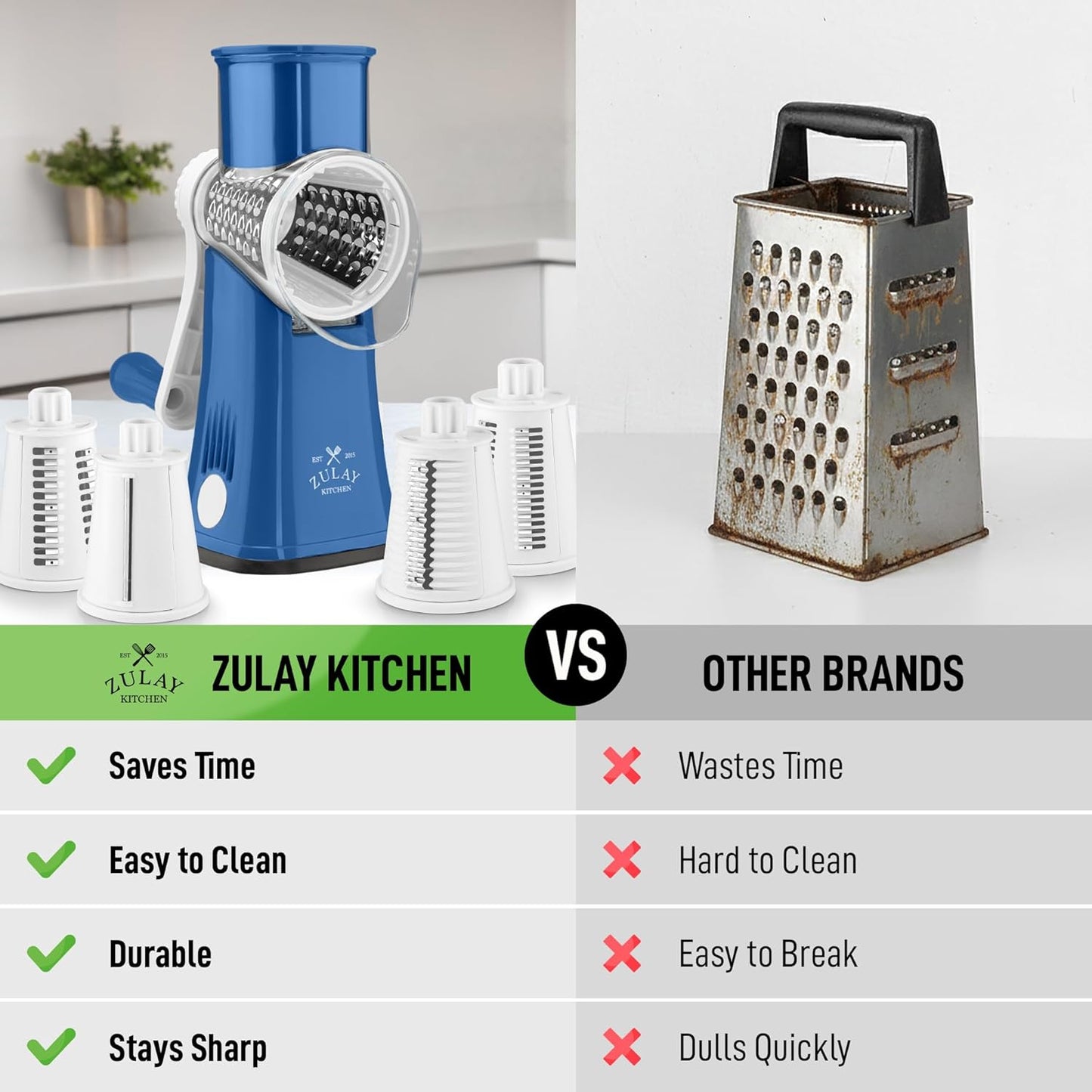 Zulay Kitchen Rotary Cheese Grater 5 Blade Cheese Shredder - Manual Hand Crank Cheese Grater With Reinforced Suction & 5 Interchangeable Drums - Easy to Use, Vegetable Chopper Round Mandoline Slicer - Colors B