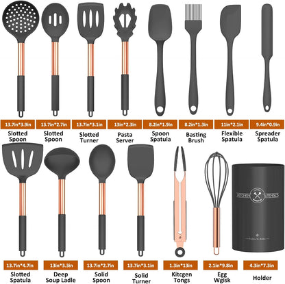 Silicone Cooking Utensil Set, Umite Chef 15pcs Silicone Cooking Kitchen Utensils Set, Non-stick - Best Kitchen Cookware with Stainless Steel Handle - Black Kitchen Utensils