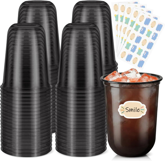 50 Pack 16oz Round Bottom Plastic Cups with Stickers, Clear Disposable Cocktail Cups for Party, Disposable Wine Glasses for Wedding, Birthday, Gathering, Drinks, Cold Beverage