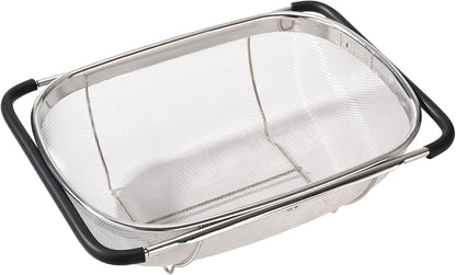 Fox Run Large Stainless Steel Colander With Extendable Handles, 4.76 Quart/4500 ml Over Sink Strainer With Support Feet, 9.75” x 14” x 4.5”