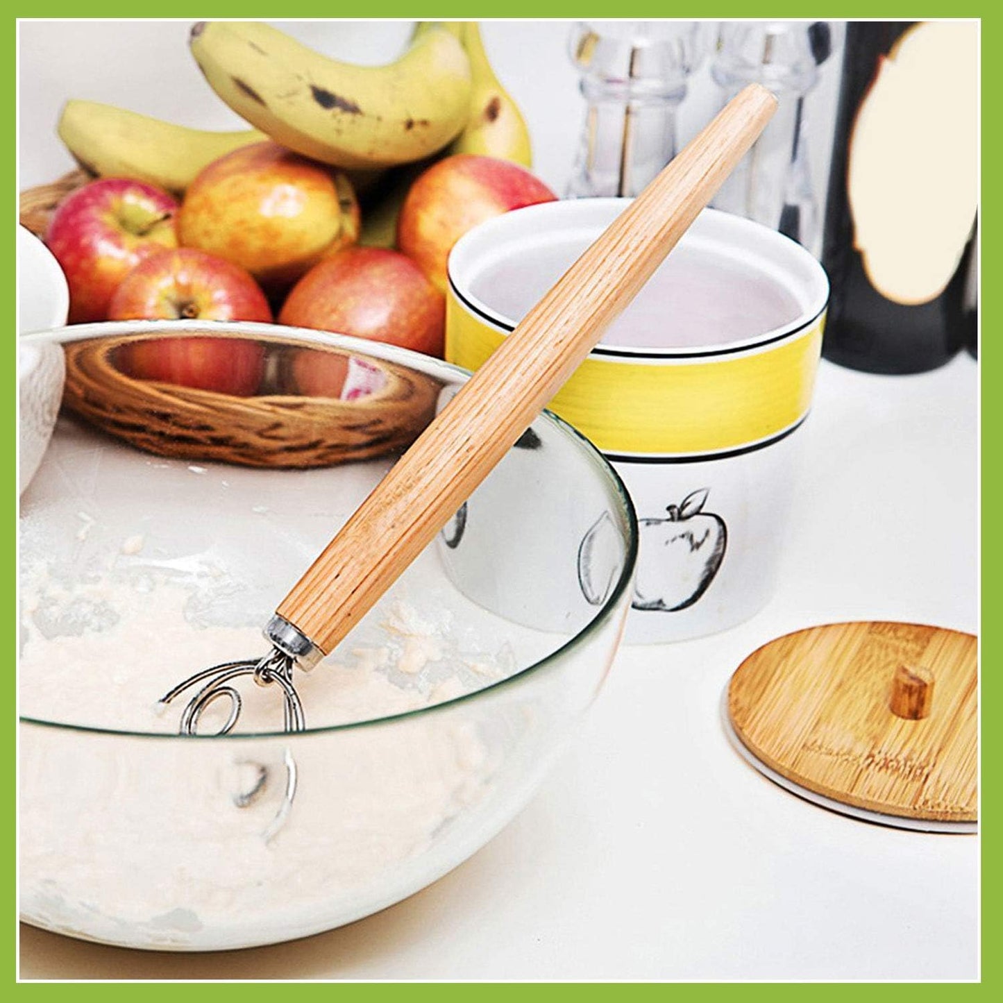 3PCS Danish Dough Whisks, Kalolary Premium Mixing Whisk Tools for Kitchen Baking Wooden Handle Stainless Steel Manual Dough Mixer Bread Cake Making(3 Size Included)