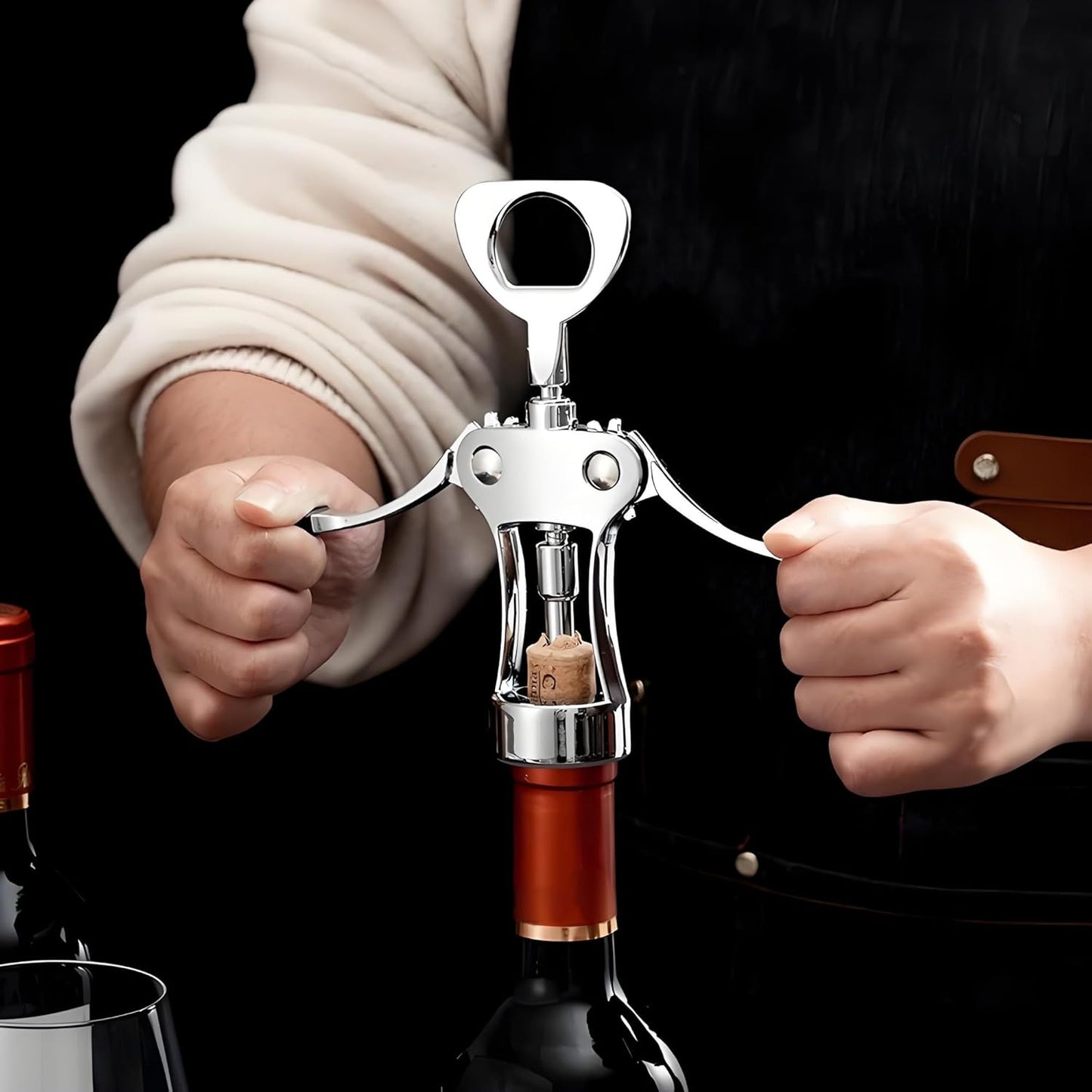 Wine Opener, Zinc Alloy Premium Wing Corkscrew Wine Bottle Opener with Multifunctional Bottles Opener, Sharp Corkscrew with Ergonomic Non-slip Wing Handle, Upgrade, Silver