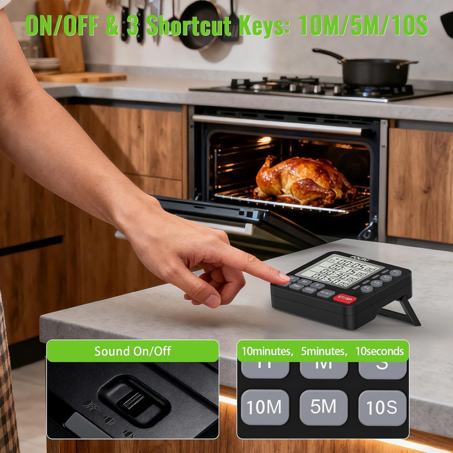 Digital Dual Kitchen Timer, 4-Channel Magnetic Countdown Timer for Cooking, On/Off, Large Display Multi Food Loud Alarm Silent for Classroom Seniors Battery Included (Black)