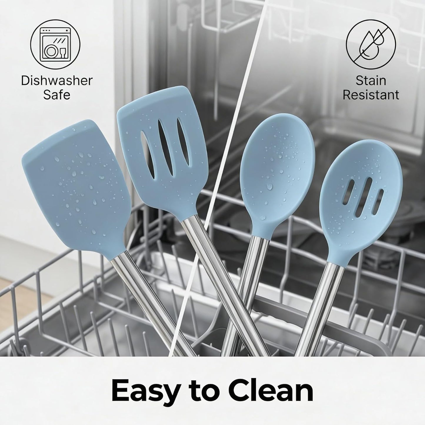 Vayvnt 4PCS Kitchen Utensils Set, Heat Resistant Silicone Utensils Set for Cooking, Non Scratch Spatula Spoons for Non Stick Pan, Large Kitchen Cooking Tools, Metal Long Handle&Dishwasher Safe, Blue