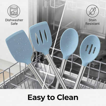 Vayvnt 4PCS Kitchen Utensils Set, Heat Resistant Silicone Utensils Set for Cooking, Non Scratch Spatula Spoons for Non Stick Pan, Large Kitchen Cooking Tools, Metal Long Handle&Dishwasher Safe, Blue