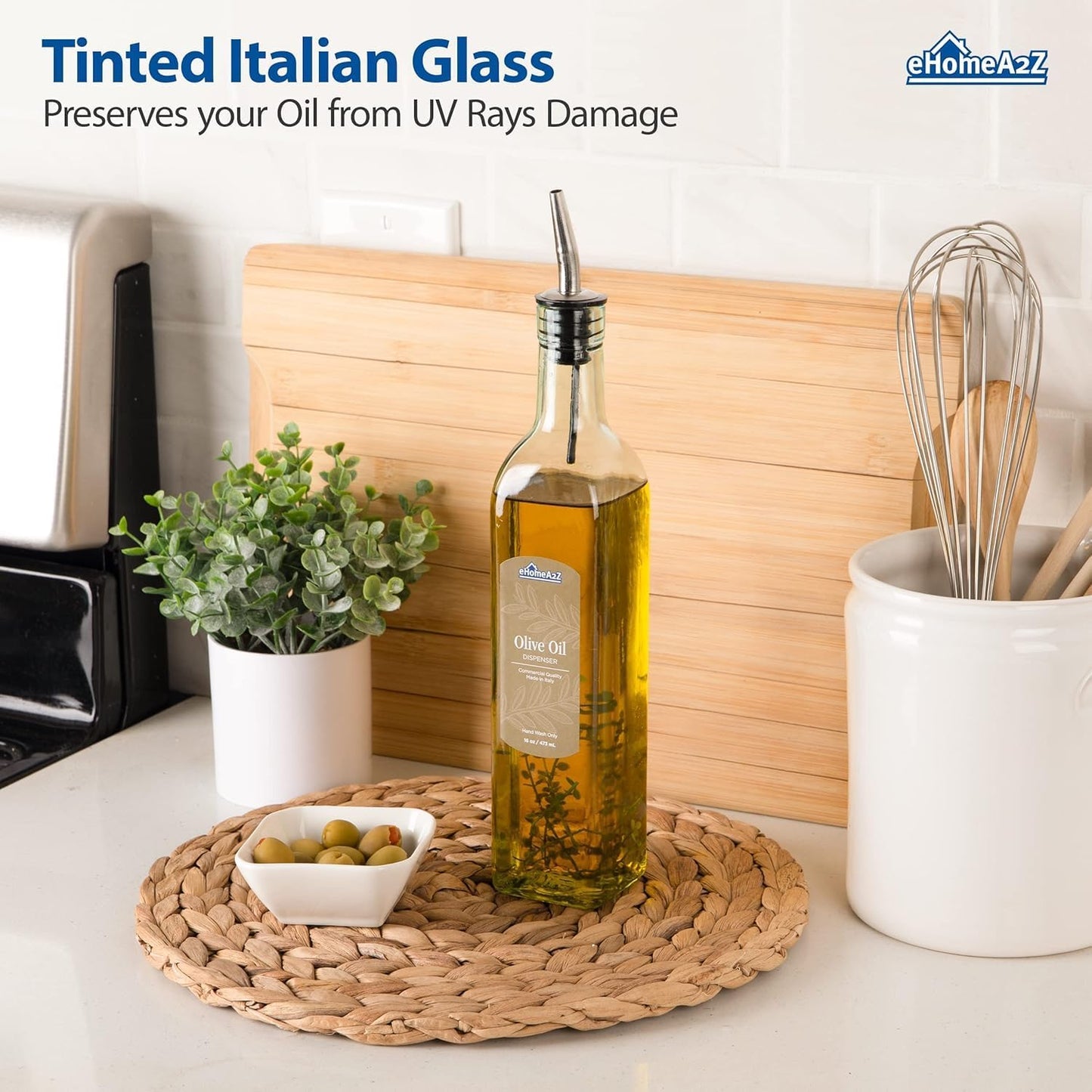 Olive Oil Dispenser Bottle - 16 oz, Made in Italy Glass Olive Oil and Vinegar Cruet with Stainless Steel Spout for Kitchen, Slight Green Tint (1, 473 ml)