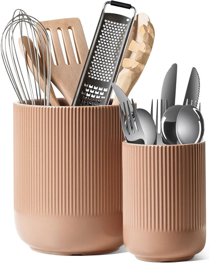 LE TAUCI Utensil Holder for Kitchen Counter, 7.3"+5.4" Fluted Ceramic Utensil Crock Organizer for Countertop, Heavy Large Holder for Spatulas, Spoons, Set of 2, White, Kitchen Counter Decor