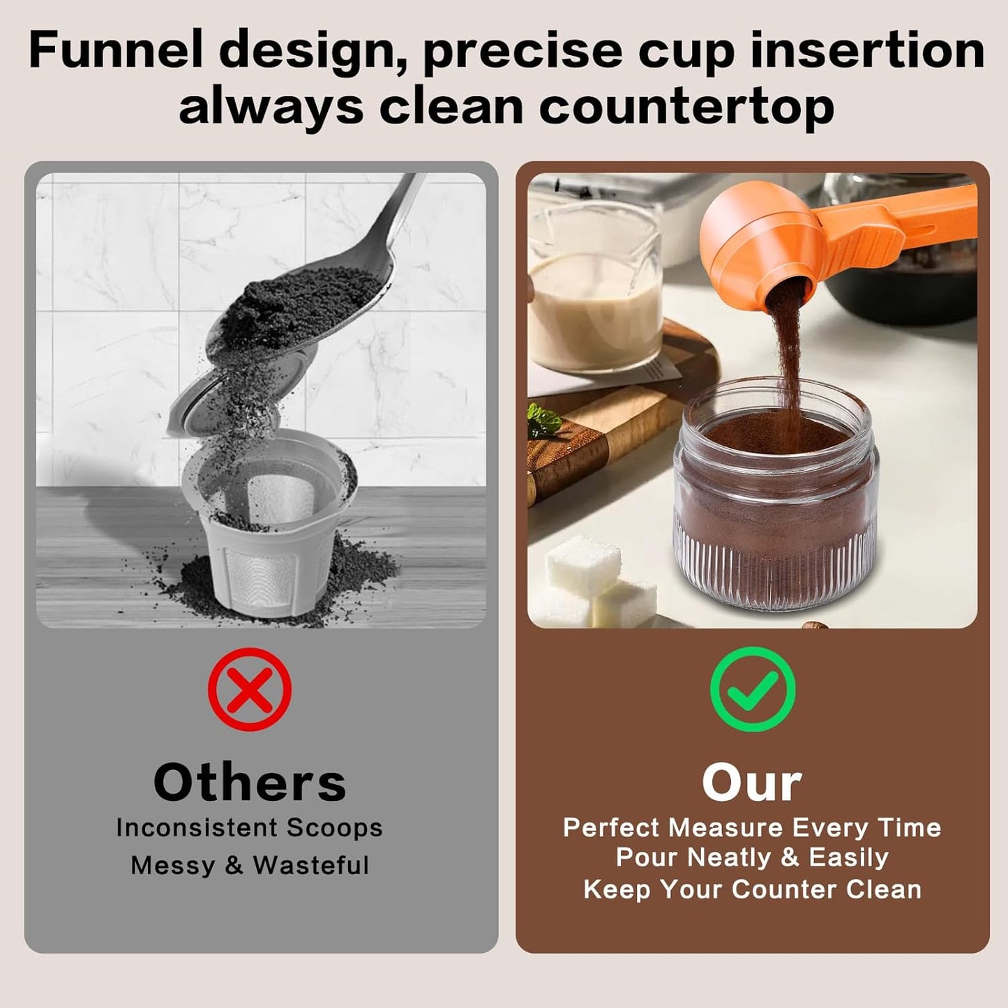 2-in-1 Coffee Scoop with Funnel, 2 Teaspoon Measuring Spoon for Reusable K Cups, Ground Coffee, Protein Powder & Tea, Mess-Free Plastic Design (Pink)