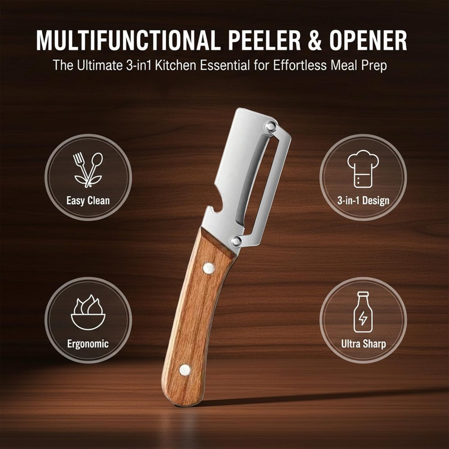 Sakerplus Multifunctional Vegetable Peeler, 2-in-1 Potato Peeler with Wooden Handle, 420 Stainless Steel Swivel Blade and Built-In Bottle Opener for Apples, Carrots and More (2)