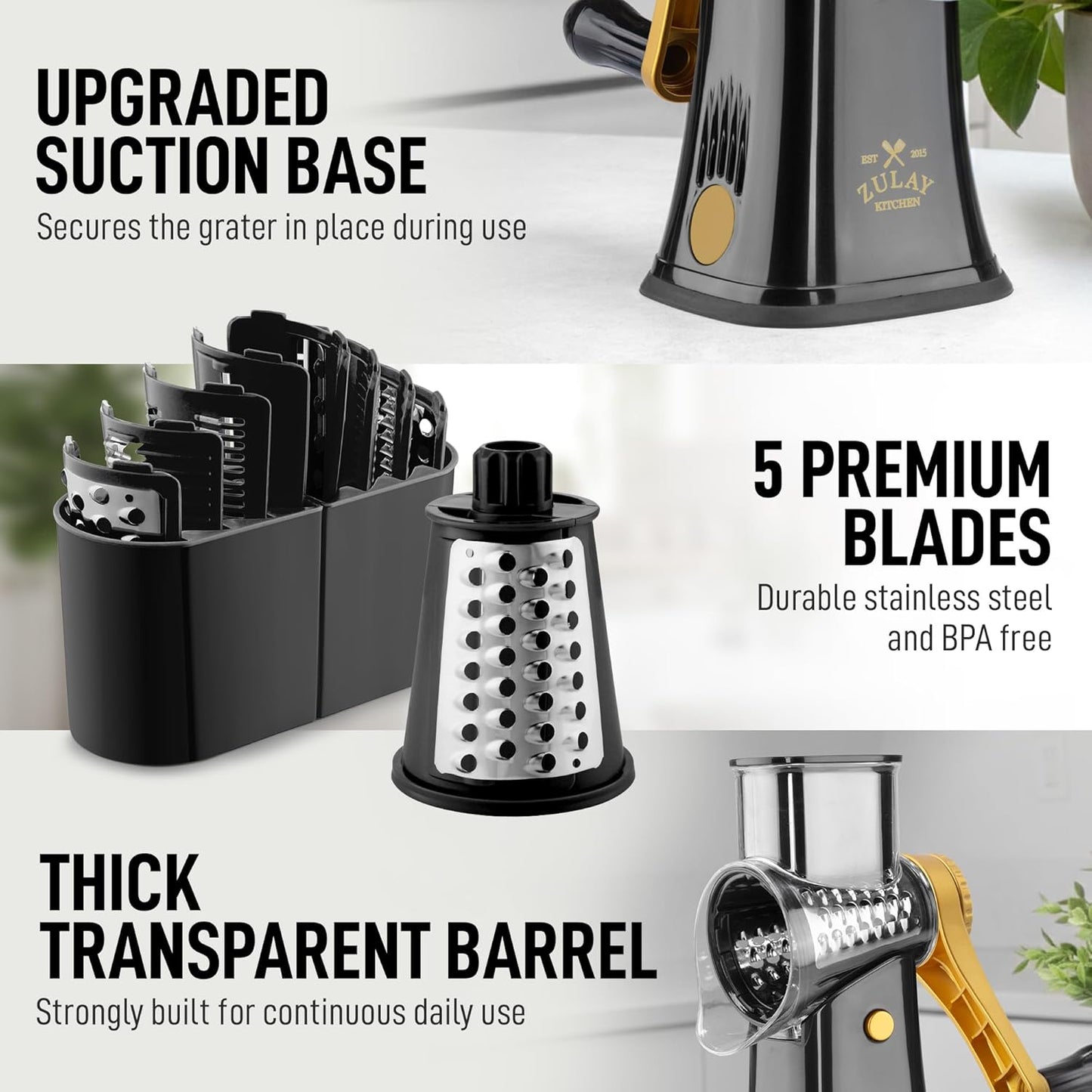Zulay Kitchen Rotary Cheese Grater 5 Blade Cheese Shredder - Manual Hand Crank Cheese Grater With Reinforced Suction & 5 Interchangeable Drums - Easy to Use, Vegetable Chopper Round Mandoline Slicer - Colors B